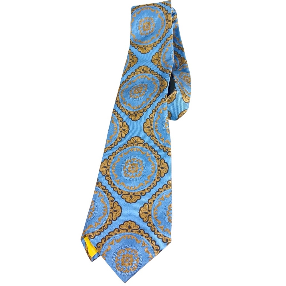 De Vincy’s Vintage Elegant Blue and Gold Patterned Tie EUC Father’s Day Retro